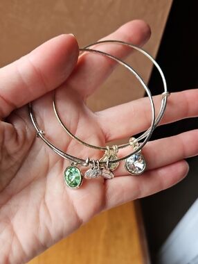 Alex And Ani Adjustable Charm Bangle Bracelet with Green and Clear Crystal